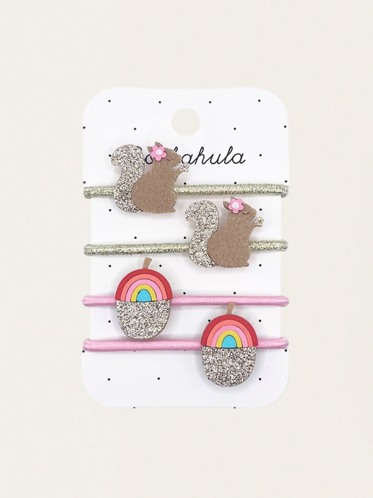 Squirrel and Rainbow Acorn Hair Ties 4 pcs