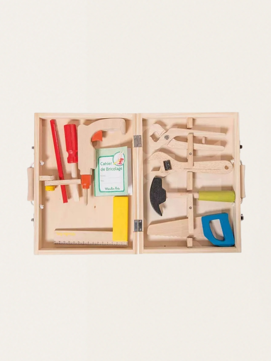 A set of wooden tools in a suitcase