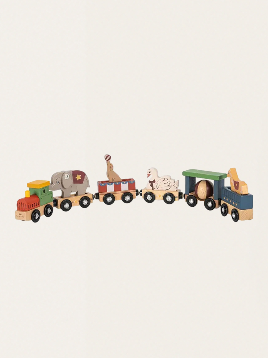 Magneteisenbahn aus Holz mit Zirkustieren