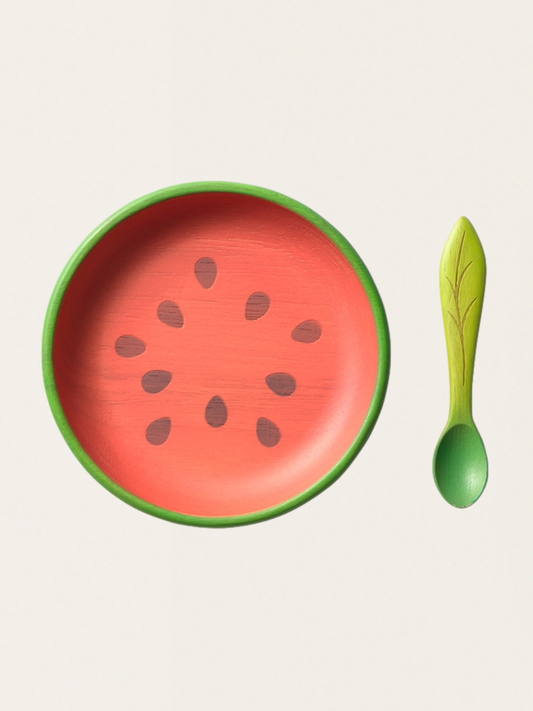 Wooden plate with watermelon spoon