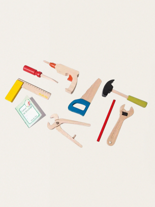 A set of wooden tools in a suitcase