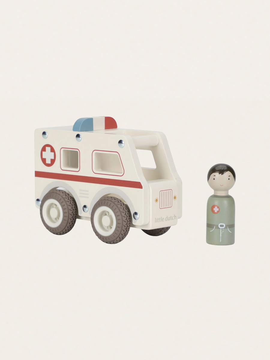 Drewniane autko z ludzikiem - Ambulans