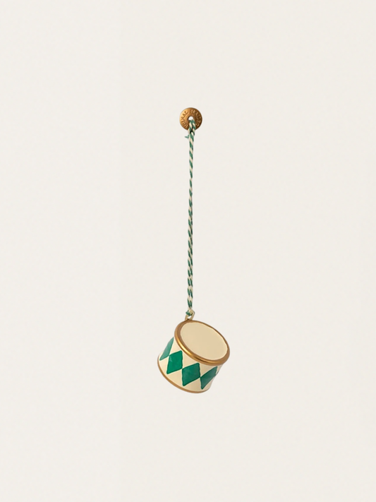 Handbemalter kleiner Trommel-Weihnachtsbaumschmuck – Dunkelgrün